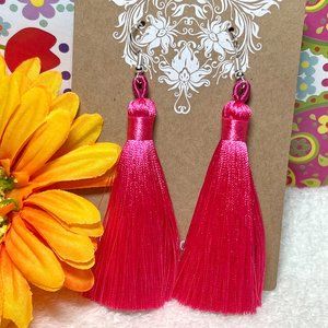 Tassel Earrings Long Drop Dangles Pink Smooth Silky Fringe Dressy Elegance NWT